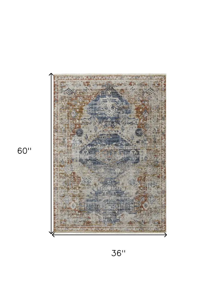 3' X 5' Gray Blue and Orange Oriental Power Loom Worn Faded Area Rug With Fringe