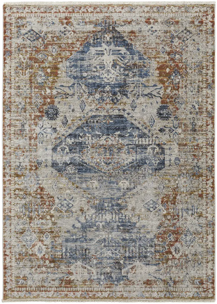 3' X 5' Gray Blue and Orange Oriental Power Loom Worn Faded Area Rug With Fringe