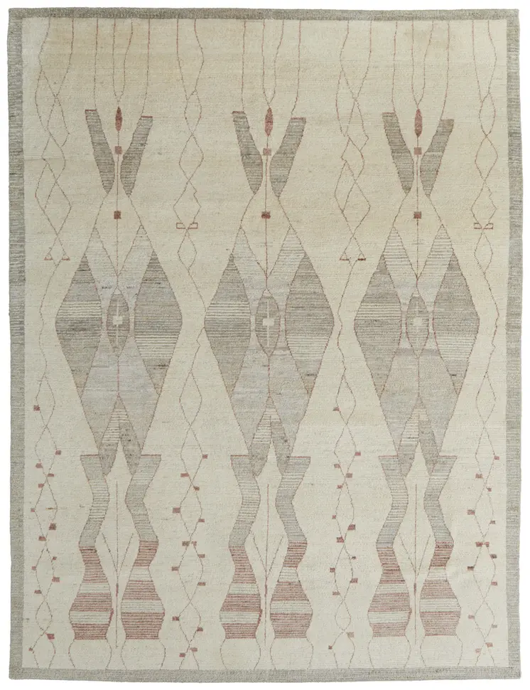 9' X 13' Gray and Red Wool Geometric Hand Knotted Area Rug
