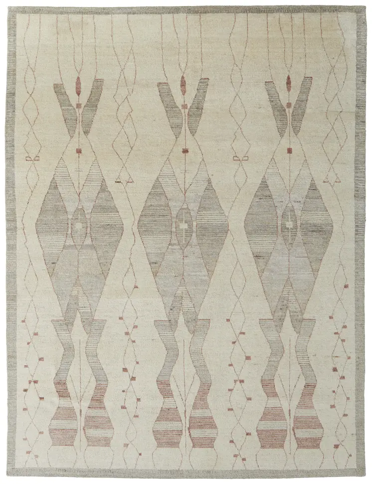 9' X 13' Gray and Red Wool Geometric Hand Knotted Area Rug