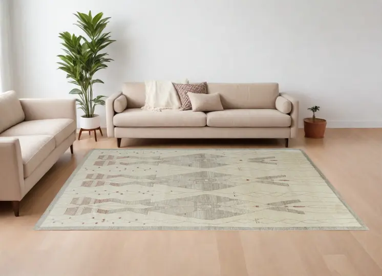 9' X 13' Gray and Red Wool Geometric Hand Knotted Area Rug