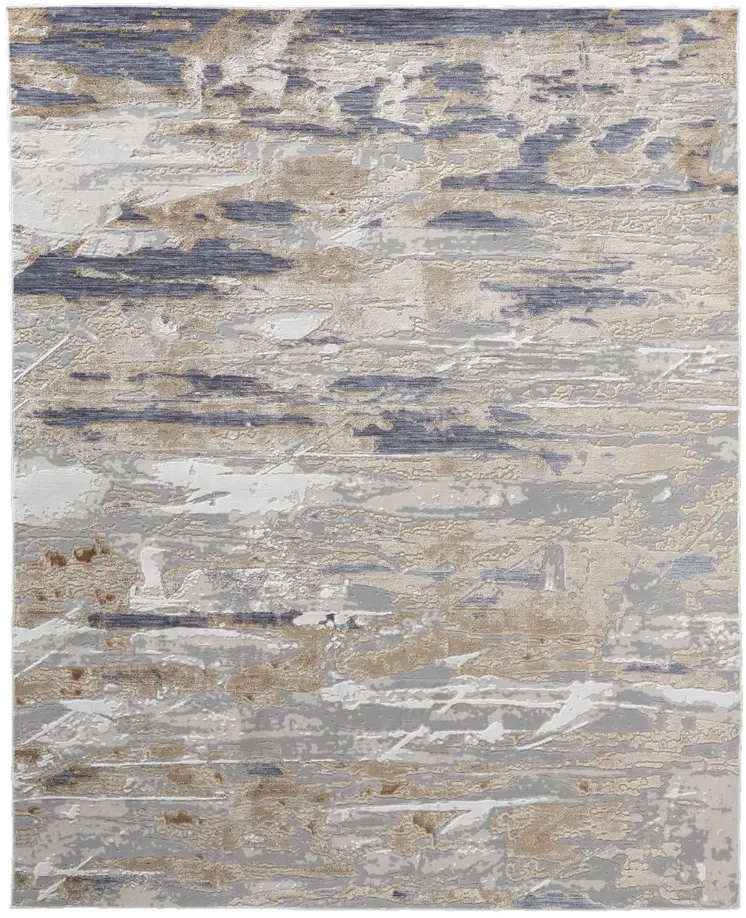 3' X 5' Tan Ivory and Blue Abstract Power Loom Worn Faded Area Rug