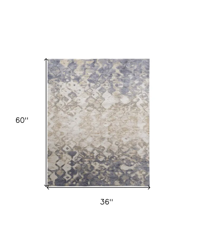 3' X 5' Ivory Tan and Blue Ombre Power Loom Area Rug