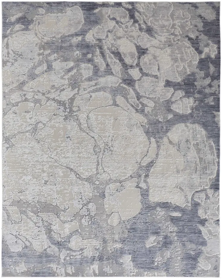 3' X 5' Ivory and Blue Abstract Power Loom Worn Faded Area Rug