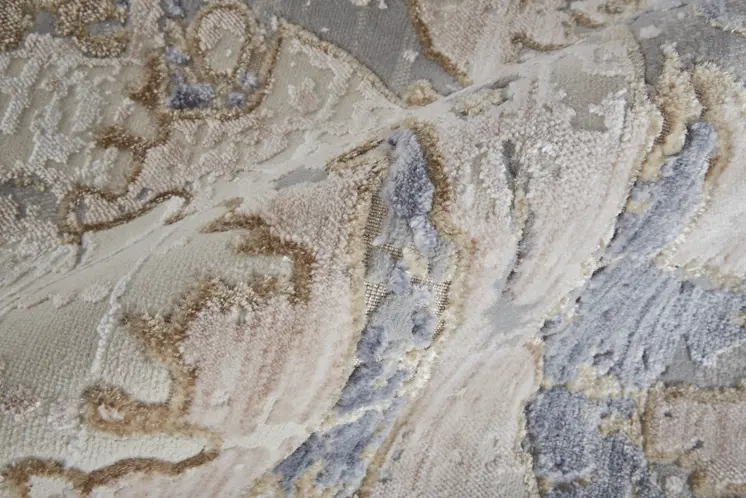 3' X 5' Tan and Blue Abstract Power Loom Worn Faded Area Rug