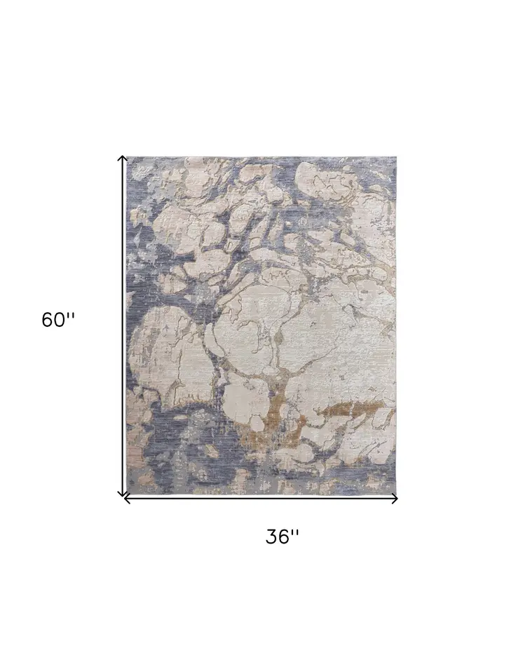 3' X 5' Tan and Blue Abstract Power Loom Worn Faded Area Rug