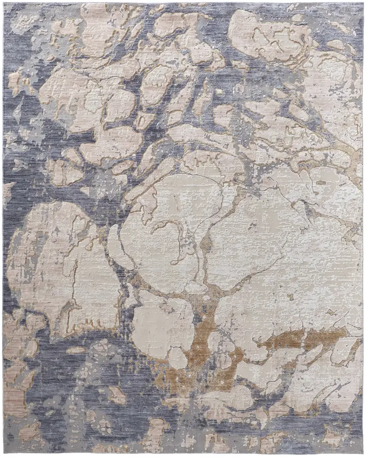 3' X 5' Tan and Blue Abstract Power Loom Worn Faded Area Rug