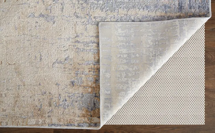 3' X 5' Ivory Tan and Blue Ombre Power Loom Worn Faded Area Rug