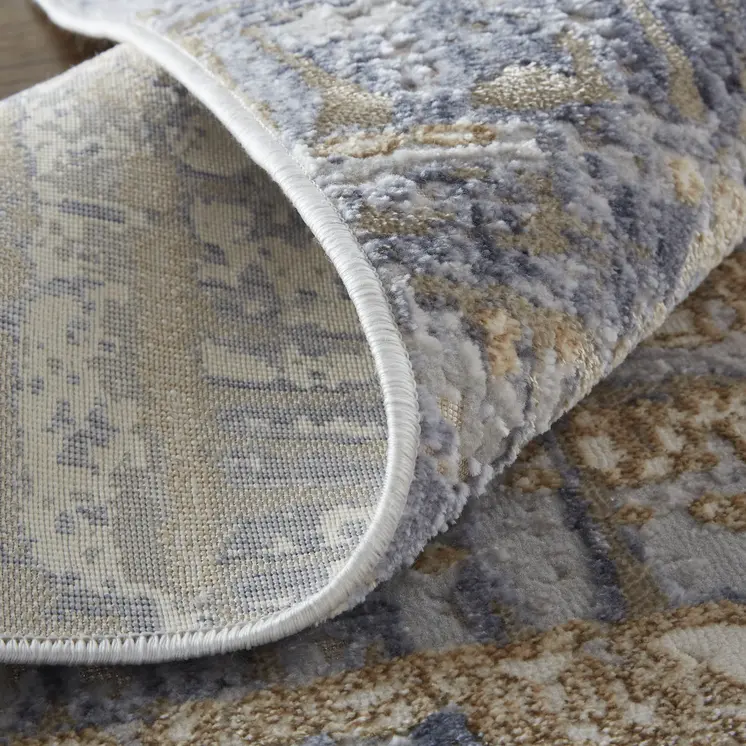 3' X 5' Ivory Tan and Blue Ombre Power Loom Worn Faded Area Rug