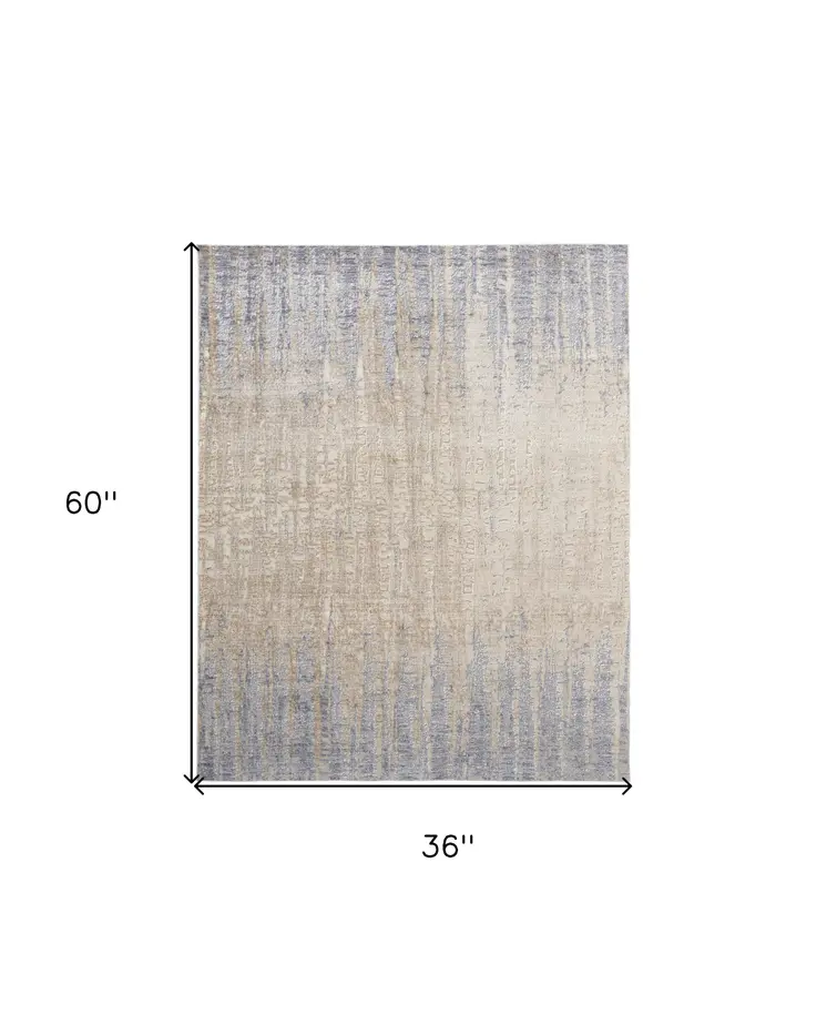 3' X 5' Ivory Tan and Blue Ombre Power Loom Worn Faded Area Rug