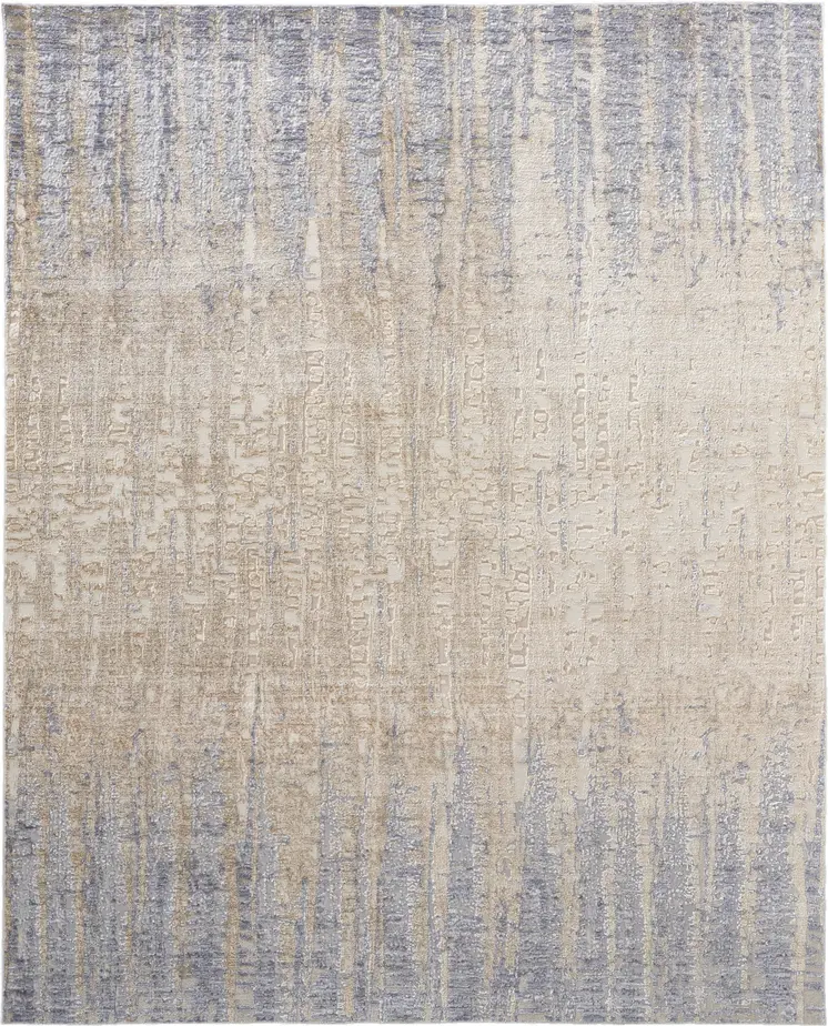 3' X 5' Ivory Tan and Blue Ombre Power Loom Worn Faded Area Rug
