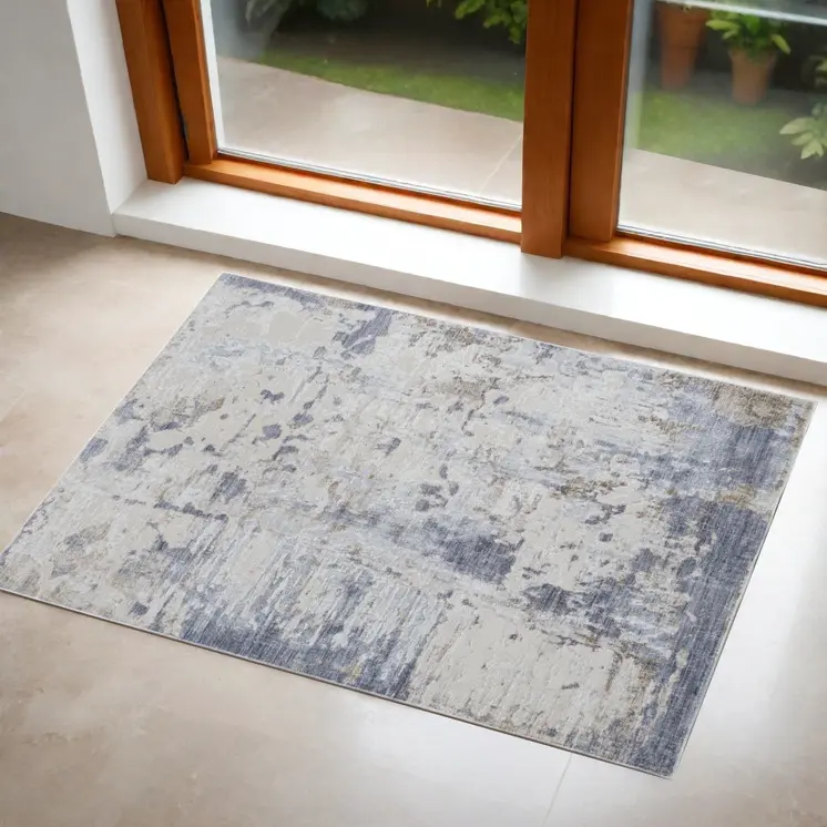 3' X 5' Gray and Blue Abstract Power Loom Worn Faded Area Rug