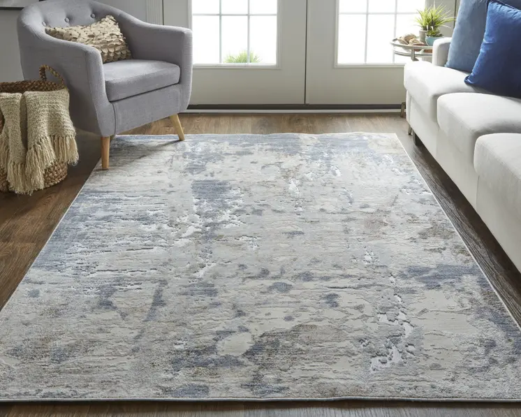 3' X 5' Gray and Blue Abstract Power Loom Worn Faded Area Rug