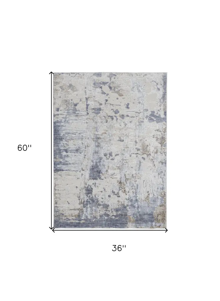 3' X 5' Gray and Blue Abstract Power Loom Worn Faded Area Rug