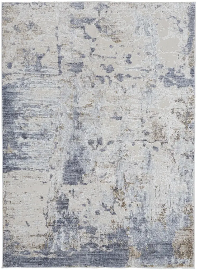3' X 5' Gray and Blue Abstract Power Loom Worn Faded Area Rug