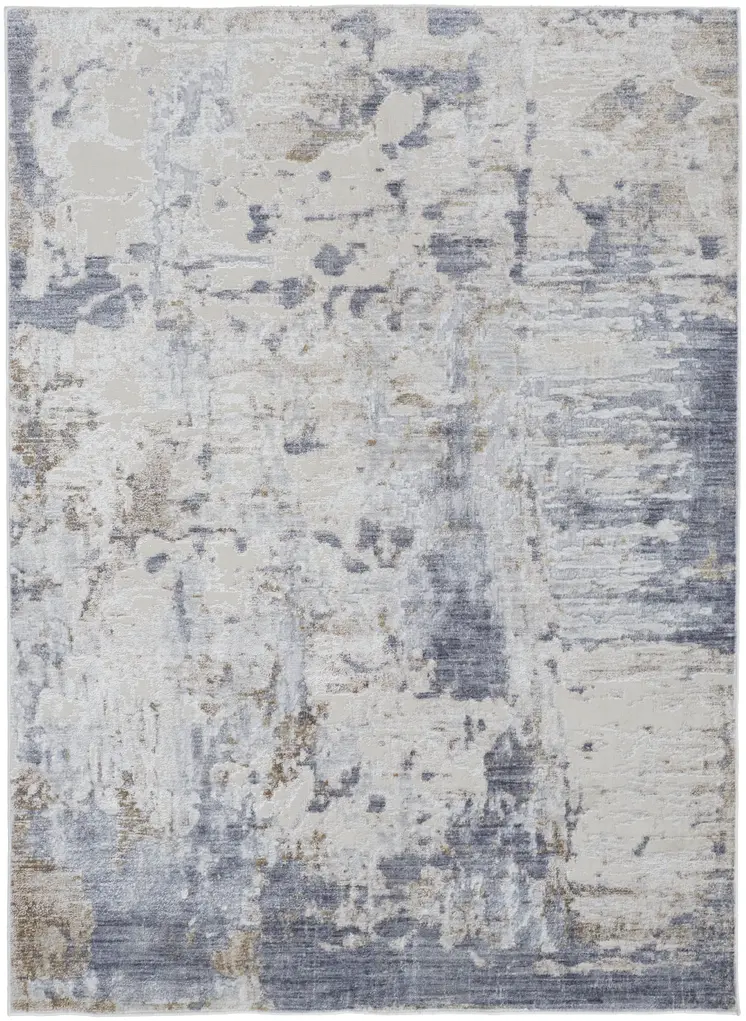 5' X 8' Ivory Gray and Blue Abstract Power Loom Worn Faded Area Rug