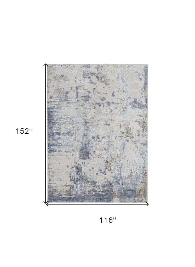 10' X 13' Ivory Gray and Blue Abstract Power Loom Worn Faded Area Rug