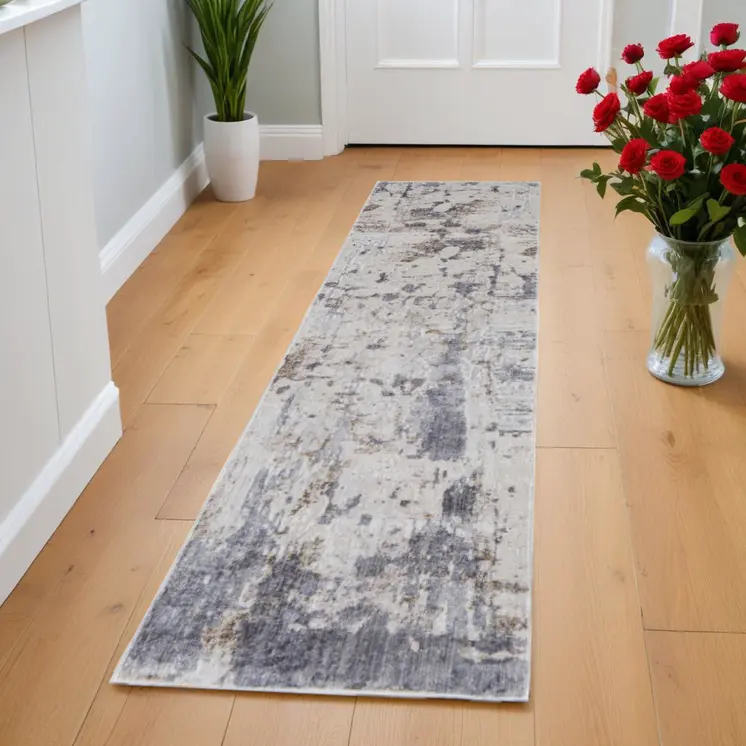 8' Ivory Gray and Blue Abstract Power Loom Worn Faded Runner Rug