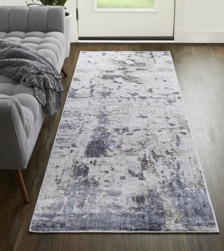 8' Ivory Gray and Blue Abstract Power Loom Worn Faded Runner Rug