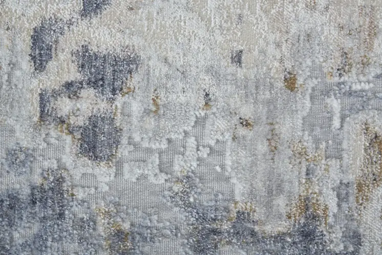 12' Ivory Gray and Blue Abstract Power Loom Worn Faded Runner Rug
