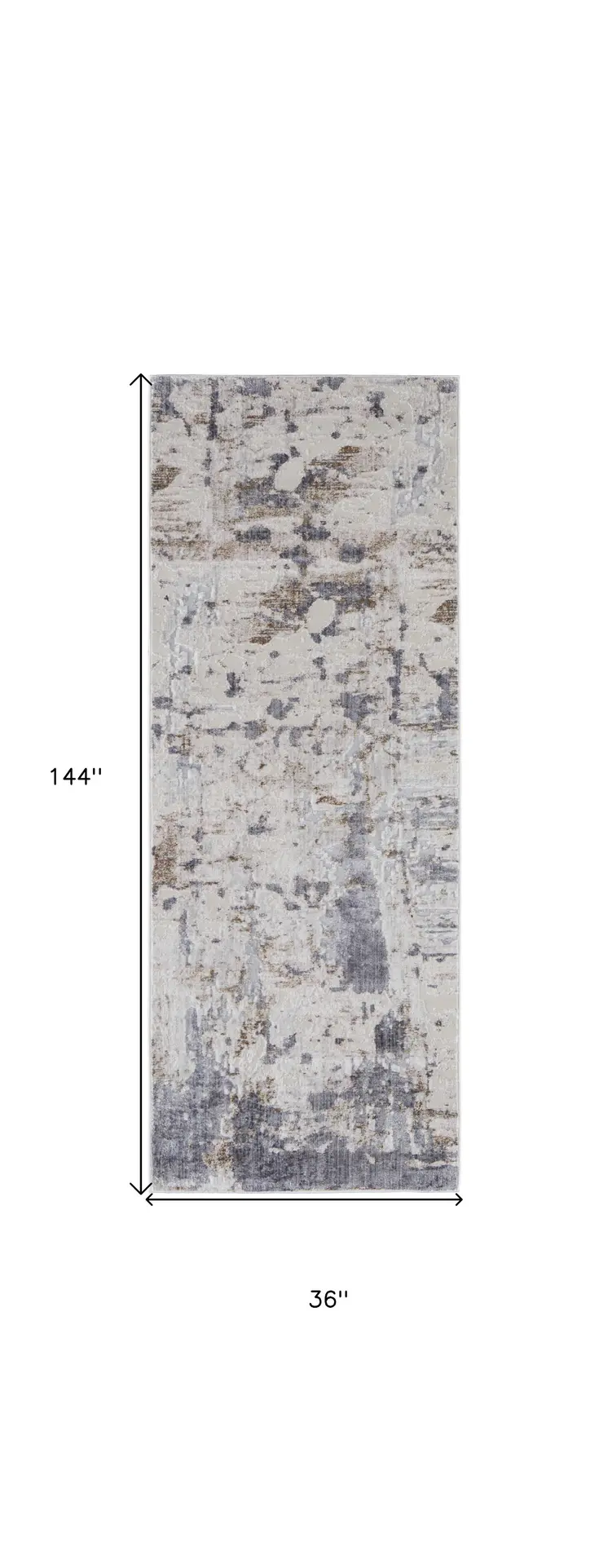 12' Ivory Gray and Blue Abstract Power Loom Worn Faded Runner Rug