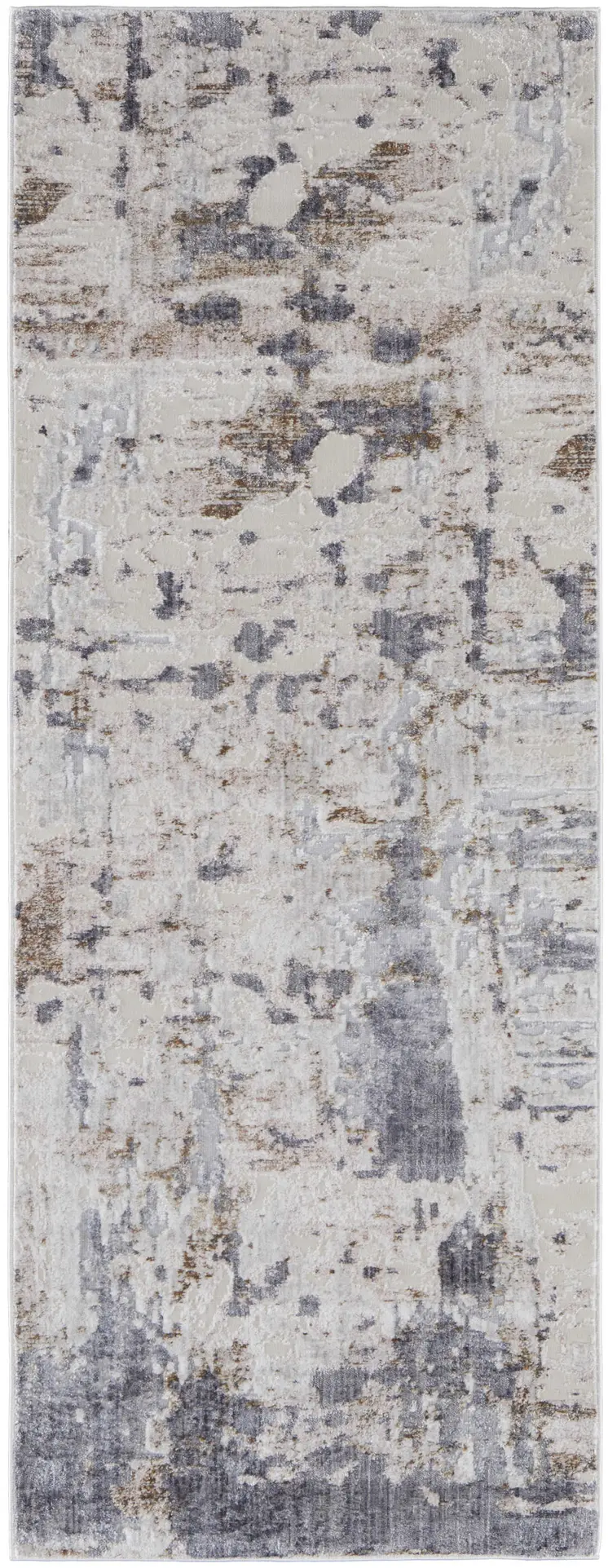 12' Ivory Gray and Blue Abstract Power Loom Worn Faded Runner Rug