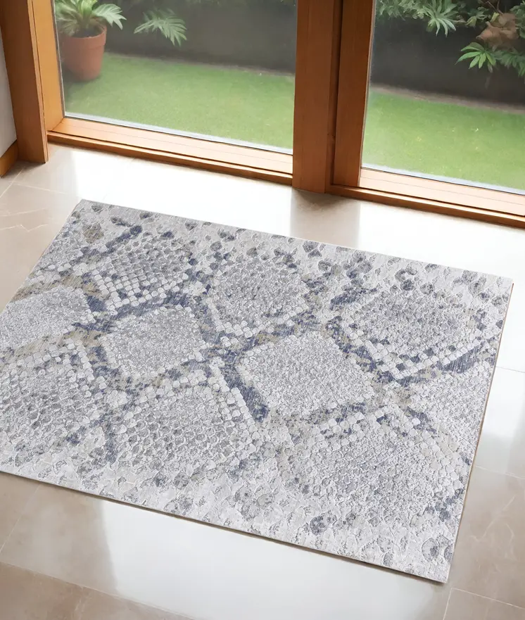 3' X 5' Gray Silver and Blue Floral Power Loom Area Rug