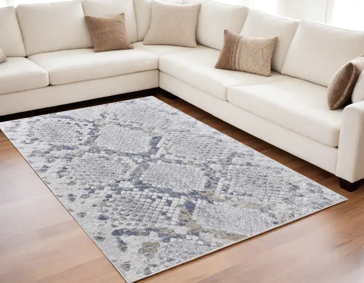 5' X 8' Gray Silver and Blue Floral Power Loom Area Rug