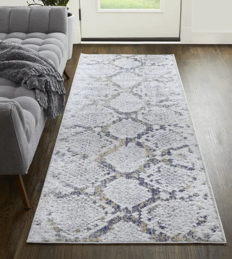 12' Gray and Silver Floral Power Loom Runner Rug