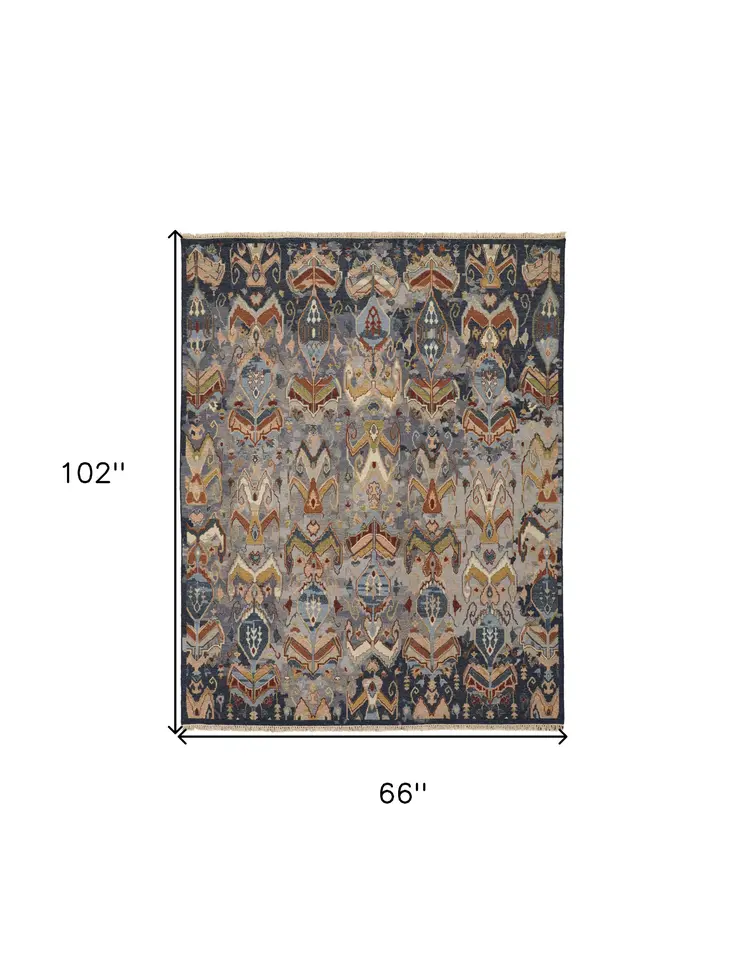 6' X 9' Blue Gray and Brown Wool Ikat Hand Knotted Area Rug With Fringe