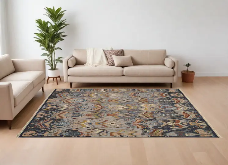 9' X 13' Blue Gray and Brown Wool Ikat Hand Knotted Area Rug With Fringe