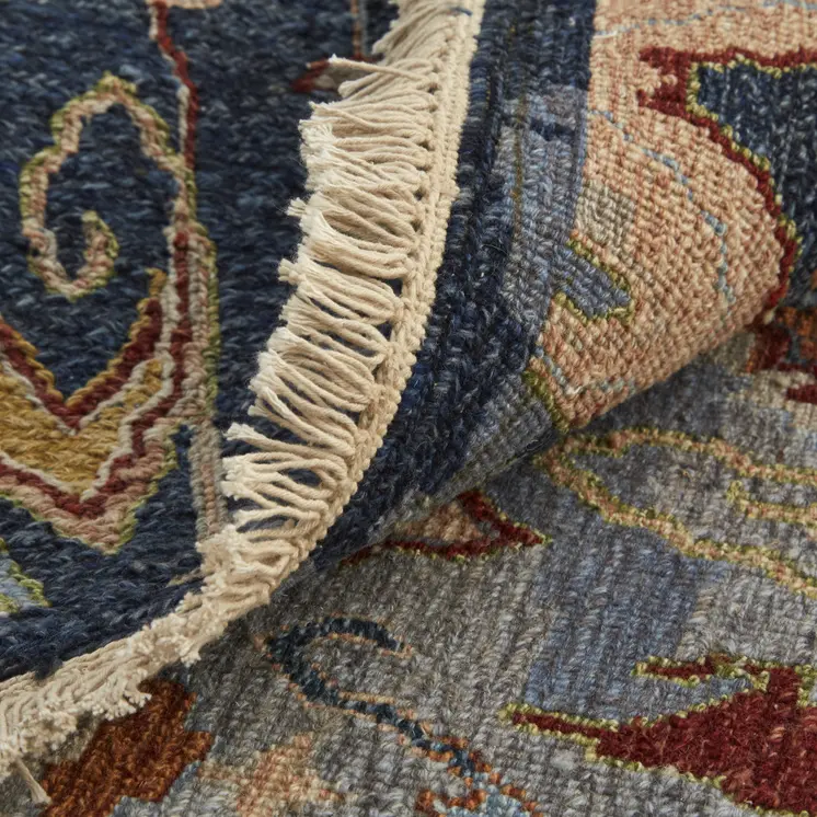 2' X 3' Blue Gray and Brown Wool Ikat Hand Knotted Area Rug With Fringe