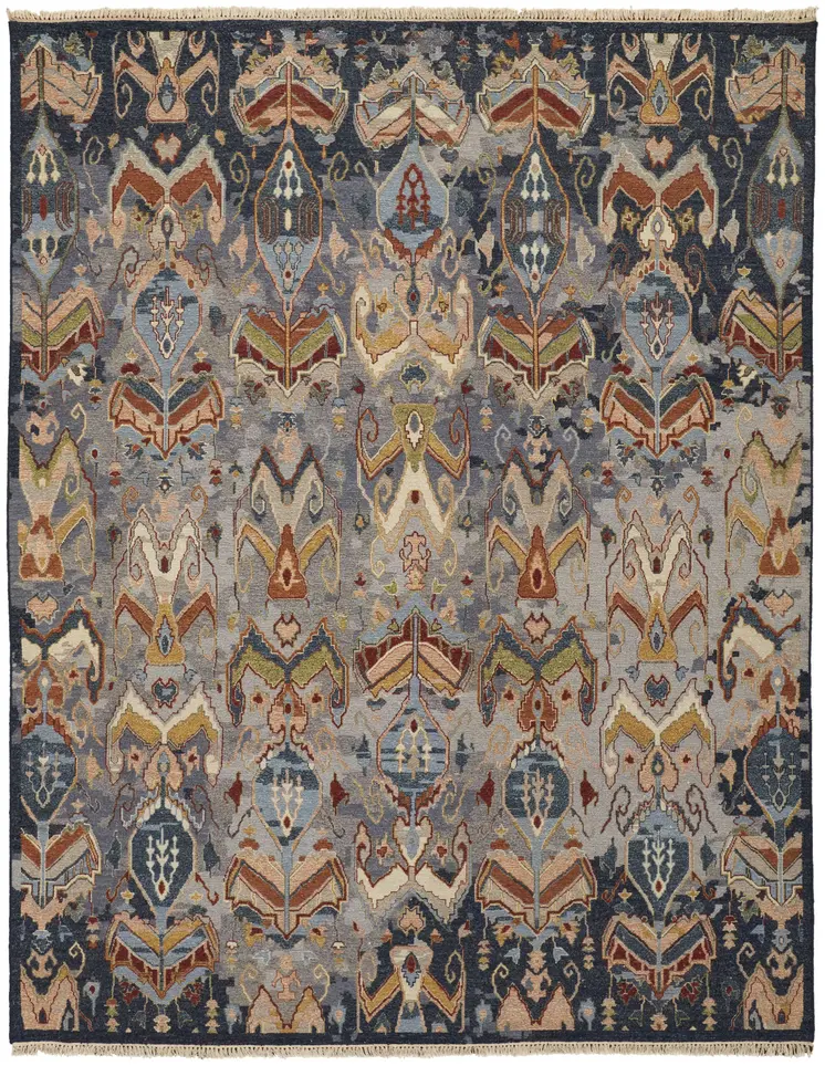 2' X 3' Blue Gray and Brown Wool Ikat Hand Knotted Area Rug With Fringe