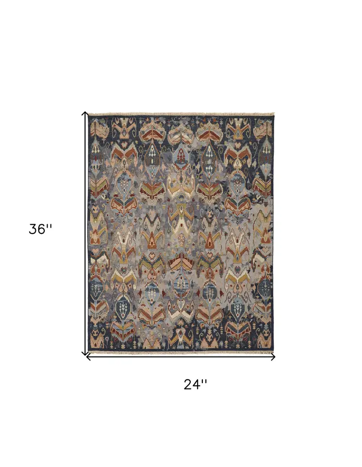 2' X 3' Blue Gray and Brown Wool Ikat Hand Knotted Area Rug With Fringe