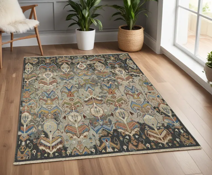 4' X 6' Blue Gray and Brown Wool Ikat Hand Knotted Area Rug With Fringe