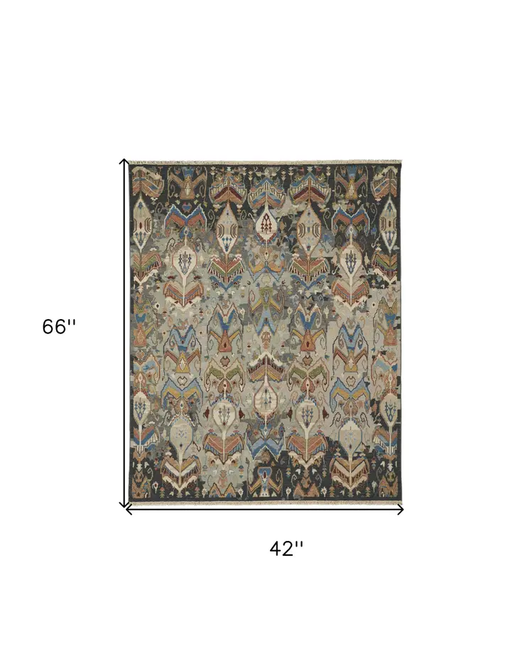 4' X 6' Blue Gray and Brown Wool Ikat Hand Knotted Area Rug With Fringe