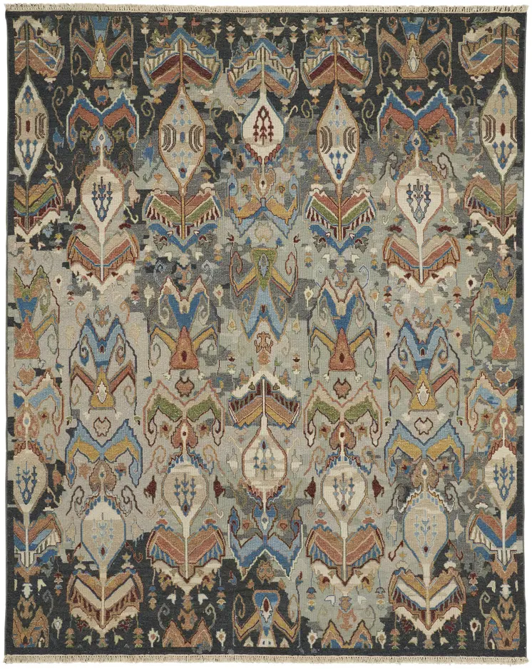 4' X 6' Blue Gray and Brown Wool Ikat Hand Knotted Area Rug With Fringe