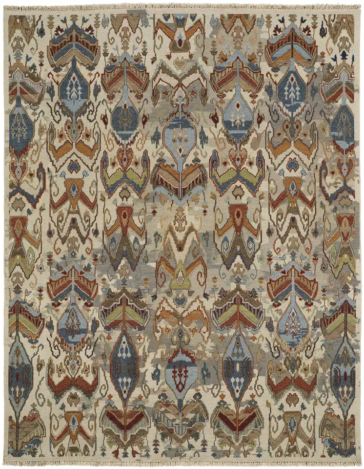 6' X 9' Ivory Blue and Brown Wool Ikat Hand Knotted Area Rug With Fringe