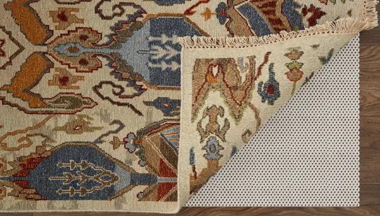 8' X 12' Ivory Blue and Brown Wool Ikat Hand Knotted Area Rug With Fringe