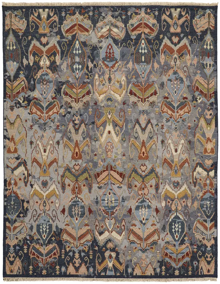 8' X 12' Ivory Blue and Brown Wool Ikat Hand Knotted Area Rug With Fringe
