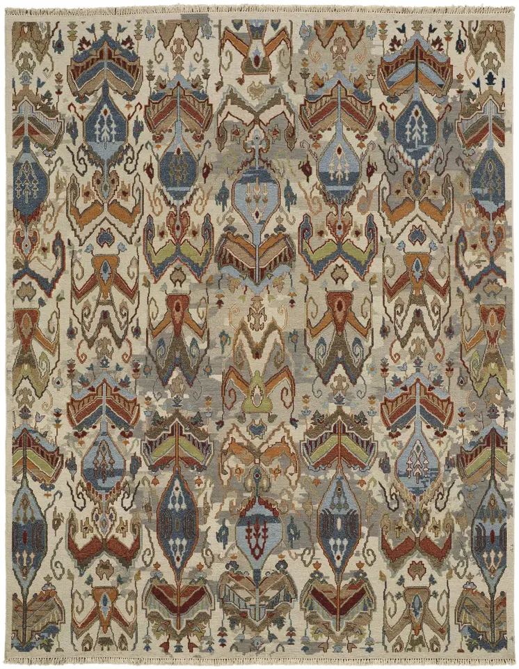 8' X 12' Ivory Blue and Brown Wool Ikat Hand Knotted Area Rug With Fringe