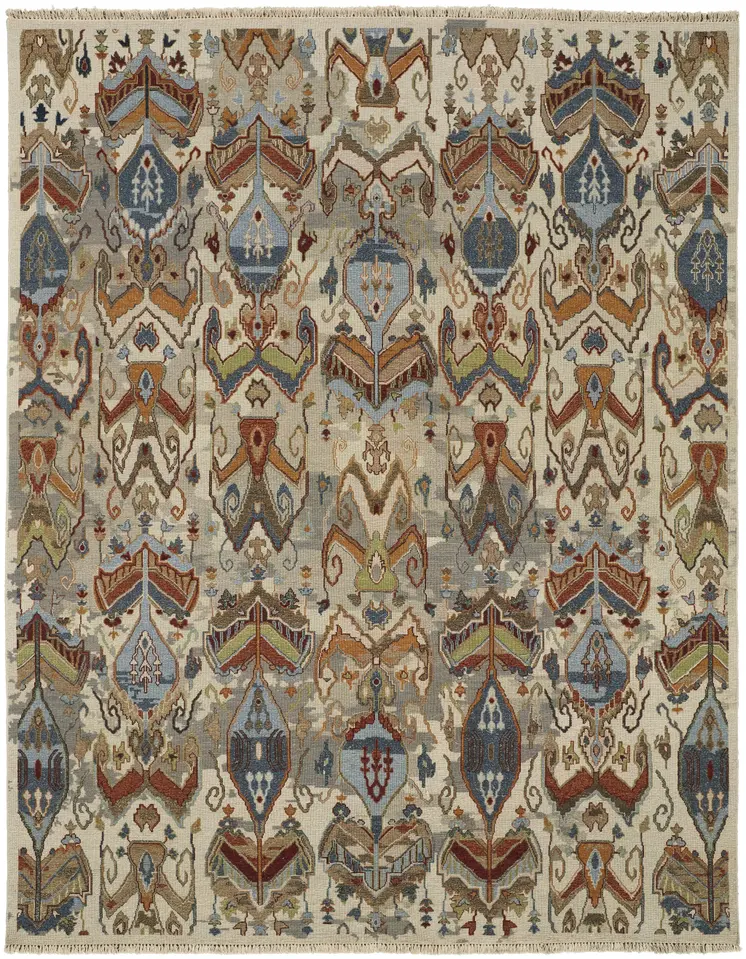 8' X 12' Ivory Blue and Brown Wool Ikat Hand Knotted Area Rug With Fringe