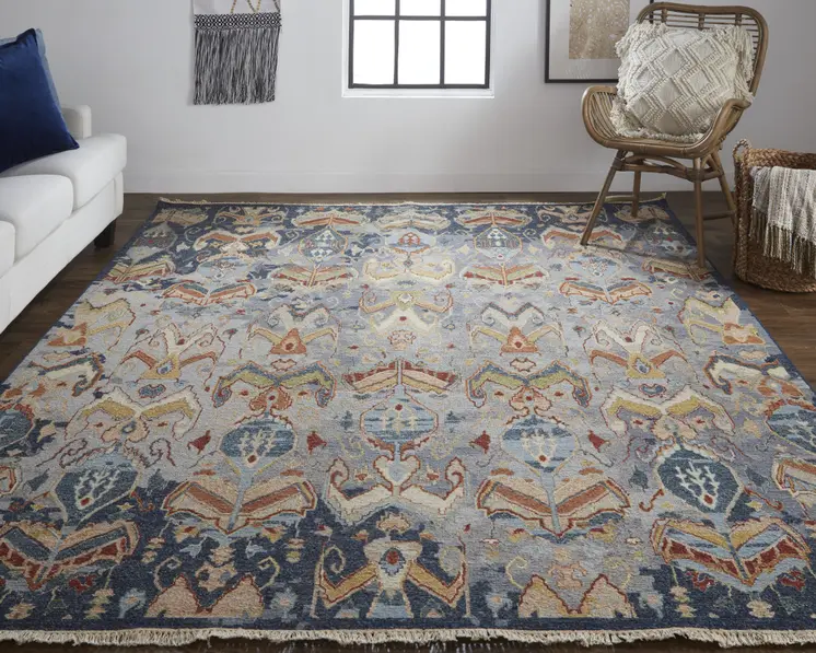 2' X 3' Ivory Blue and Brown Wool Ikat Hand Knotted Area Rug With Fringe