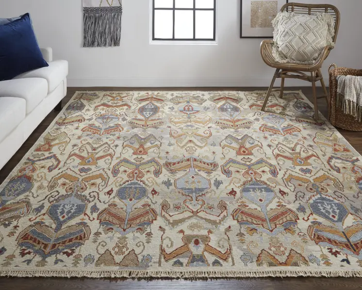 2' X 3' Ivory Blue and Brown Wool Ikat Hand Knotted Area Rug With Fringe