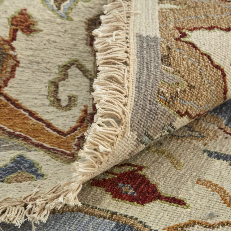2' X 3' Ivory Blue and Brown Wool Ikat Hand Knotted Area Rug With Fringe
