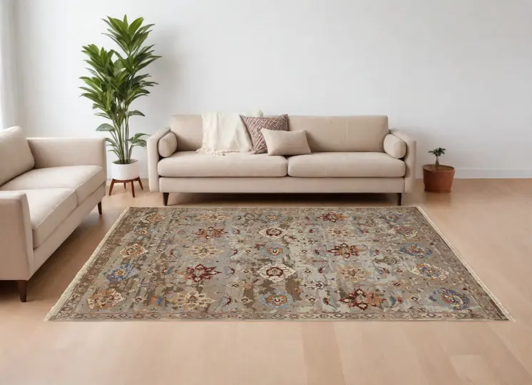 9' X 13' Tan Brown and Gray Wool Floral Hand Knotted Area Rug With Fringe