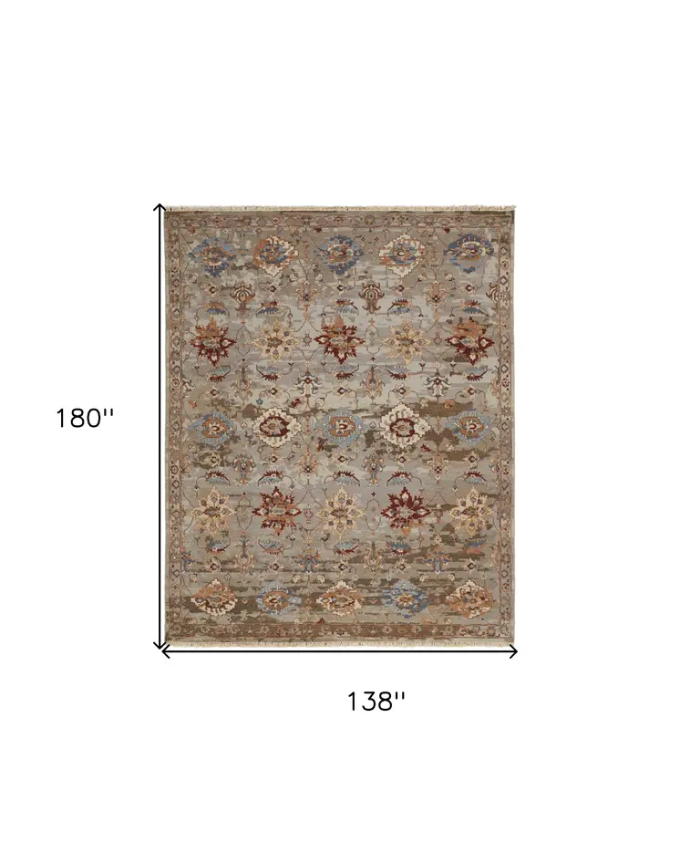 12' X 15' Tan Brown and Gray Wool Floral Hand Knotted Area Rug With Fringe