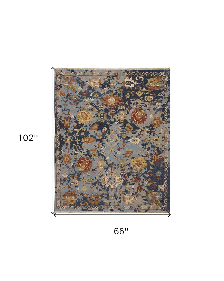 6' X 9' Blue Gray and Red Wool Floral Hand Knotted Area Rug With Fringe