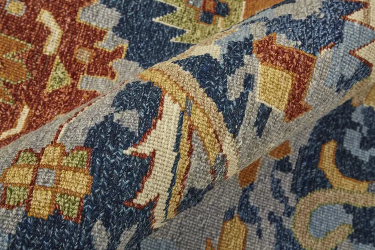 8' X 12' Blue Gray and Red Wool Floral Hand Knotted Area Rug With Fringe