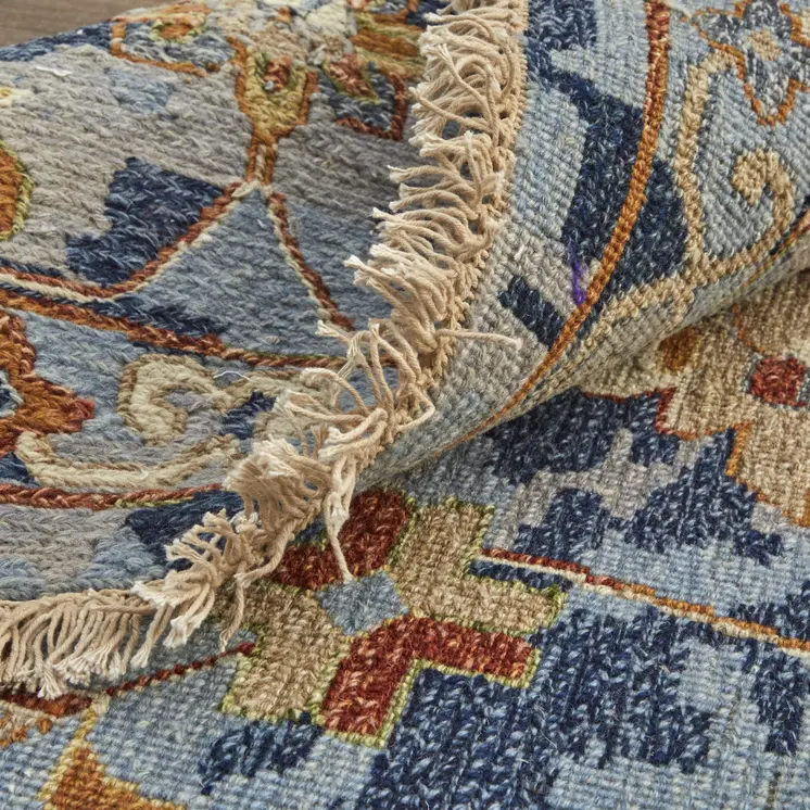 8' X 12' Blue Gray and Red Wool Floral Hand Knotted Area Rug With Fringe